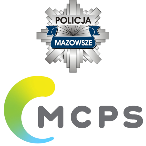 Logo Policja, logo Mazowieckie Centrum Polityki Społecznej 