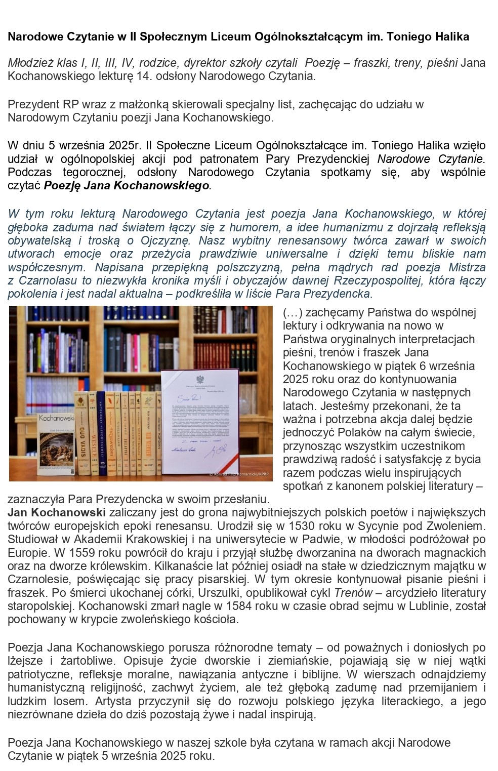 Narodowe Czytanie w II Społecznym Liceum Ogólnokształcącym im. Toniego Halika