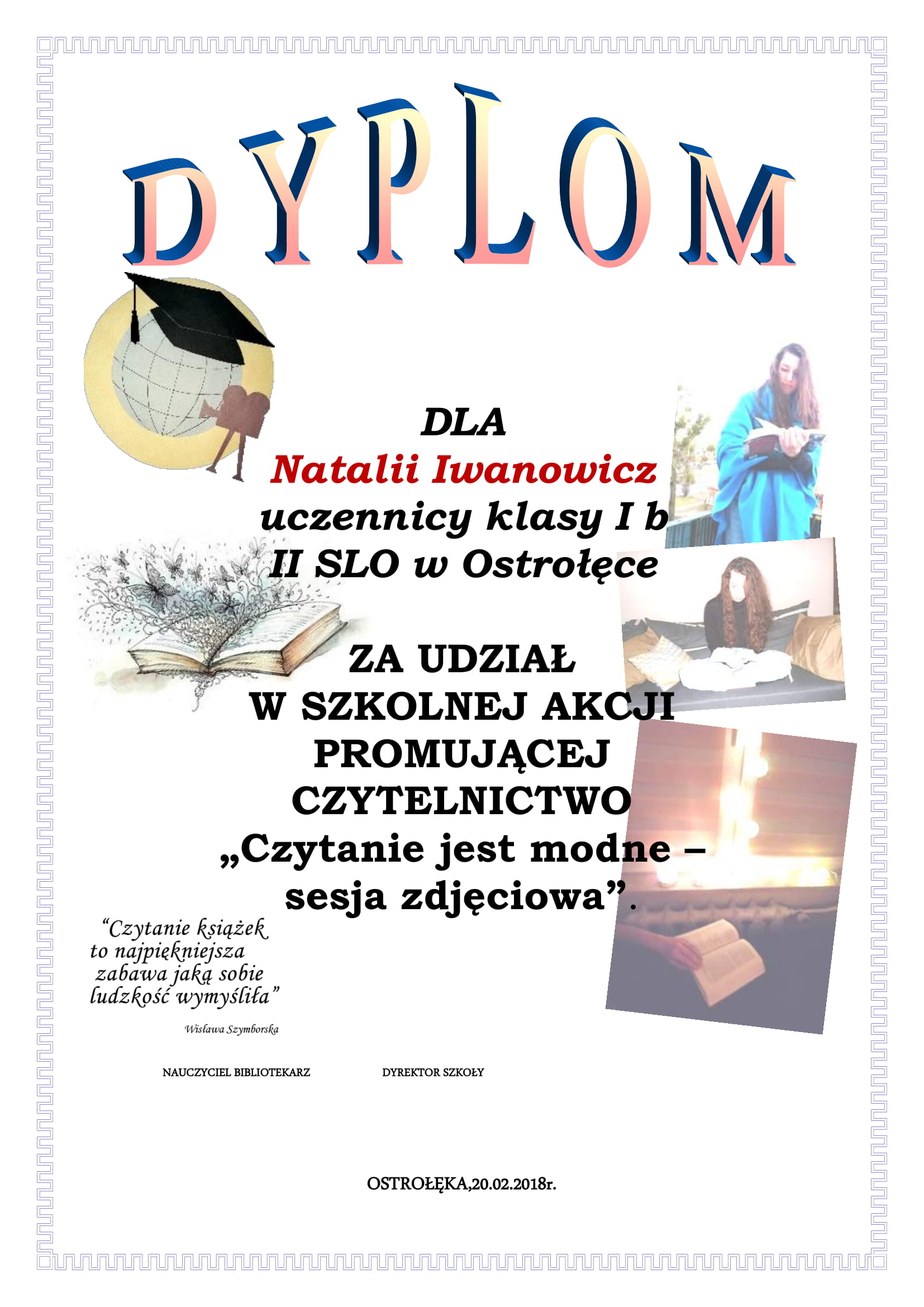 DYPLOM Konkurs czytanie jest modne Natalia 1
