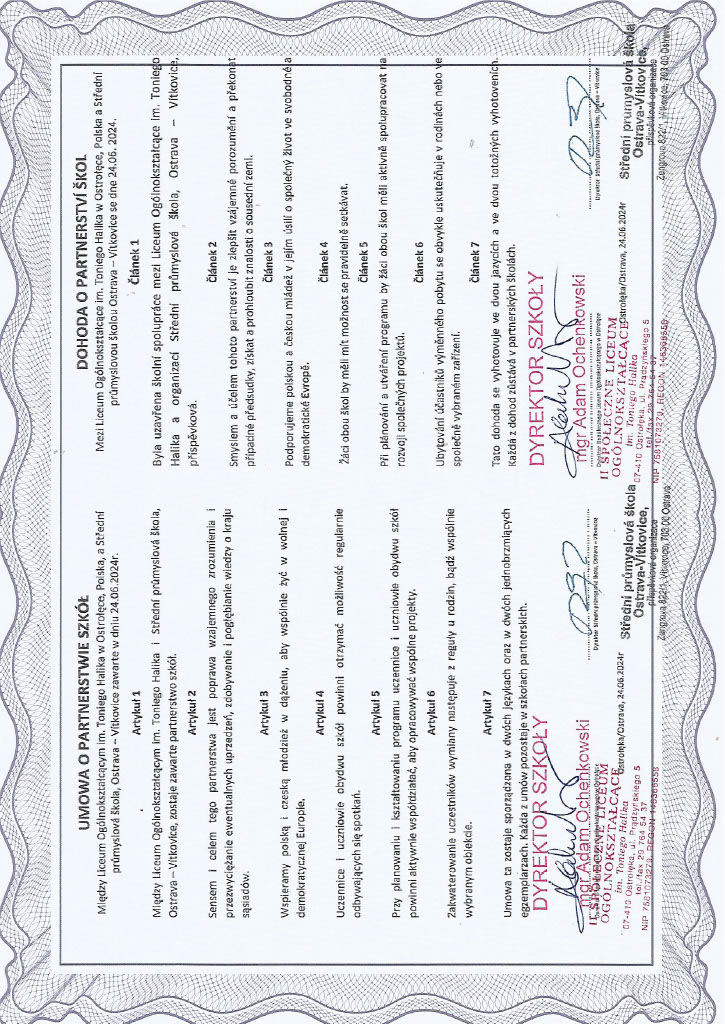 Porozumienie o współpracy ze średnią szkołą w Czechach